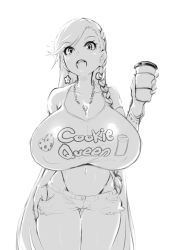 Rule 34 | 1girl, backlighting, bad id, bad twitter id, bangle, bracelet, braid, breasts, cleavage, clothes writing, coffee cup, commentary, cowboy shot, cup, disposable cup, earrings, gluteal fold, greyscale, highleg, highleg panties, huge breasts, jewelry, long hair, magister, midriff, monochrome, muchigaku, navel, open mouth, original, pandora smith (magister), panties, shirt, short shorts, shorts, side braid, single braid, solo, t-shirt, thigh gap, thumb in pocket, underwear, very long hair