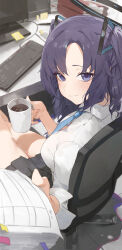 Rule 34 | 1girl, absurdres, black skirt, blue archive, blue necktie, blush, book, breasts, chair, coffee mug, crossed legs, cup, desk, hair ornament, halo, highres, holding, holding cup, holding paper, indoors, kji (rozo), large breasts, long hair, looking at viewer, mechanical halo, monitor, mug, necktie, office chair, paper, purple eyes, purple hair, shirt, sitting, skirt, smile, solo, swivel chair, two side up, white shirt, yuuka (blue archive)