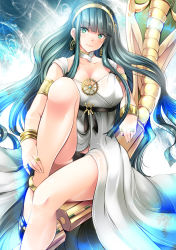 Rule 34 | 1girl, anklet, armlet, bare arms, bare legs, black hair, black panties, bracelet, breasts, choker, cleavage, cleopatra (fate), cleopatra (third ascension) (fate), closed mouth, collarbone, dress, earrings, fate/grand order, fate (series), green eyes, hairband, hoop earrings, jewelry, large breasts, legs, long dress, long hair, maki (seventh heaven maxion), necklace, panties, ring, sitting, sleeveless, sleeveless dress, smile, snake, solo, thighs, throne, underwear, very long hair, white choker, white dress