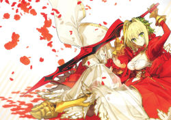 Rule 34 | 1girl, absurdres, ahoge, armored boots, blonde hair, boots, breasts, cleavage, closed mouth, detached sleeves, dress, fate/extra, fate/grand order, fate (series), full body, gloves, gold trim, green eyes, hair ornament, head wreath, highres, holding, long dress, long skirt, long sleeves, looking at viewer, medium breasts, nero claudius (fate), nero claudius (fate) (all), nero claudius (fate/extra), puffy sleeves, scan, see-through, simple background, sitting, skirt, smile, solo, sword, wada arco, weapon