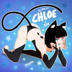 Rule 34 | 1girl, all fours, animal ears, backless outfit, black hair, black panties, black thighhighs, blue eyes, cat ears, cat girl, cat tail, chloe (srgrafo), elbow gloves, gloves, original, panties, solo, srgrafo, tail, thighhighs, underwear