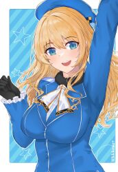 Rule 34 | 1girl, atago (kancolle), beret, black gloves, blonde hair, blue background, blue hat, blush, breasts, gloves, green eyes, hat, highres, kantai collection, koureikyou kou, large breasts, long hair, looking at viewer, military, military uniform, one eye closed, open mouth, smile, solo, star (symbol), starry background, twitter username, uniform, upper body, white background