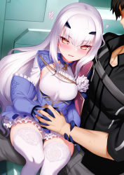 Rule 34 | 1boy, 1girl, aiguillette, black gloves, black hair, black jacket, blue dress, blue gloves, blush, breasts, brown eyes, cape, dress, melusine (fate), melusine (second ascension) (fate), fate/grand order, fate (series), flower, forked eyebrows, frills, fujimaru ritsuka (male), fujimaru ritsuka (male) (polar chaldea uniform), gloves, grey pants, highres, holding another&#039;s wrist, holding hands, interlocked fingers, jacket, long hair, long sleeves, looking at viewer, m-da s-tarou, open mouth, pants, short hair, sidelocks, sitting, sitting on person, small breasts, smile, thighhighs, thighs, white hair, white thighhighs
