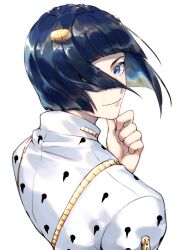 Rule 34 | 1boy, blue eyes, blue hair, blunt bangs, blunt ends, bob cut, bruno bucciarati, closed mouth, collared shirt, commentary request, eyelashes, fingernails, from behind, hair ornament, hair over one eye, hairclip, hand on own chin, high collar, highres, jojo no kimyou na bouken, long sleeves, looking at viewer, looking back, male focus, shirt, short hair, simple background, smile, solo, tiyi (tiyi a09), upper body, vento aureo, white background, white shirt, zipper pull tab