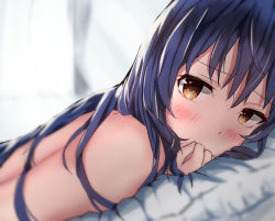 Rule 34 | 10s, 1girl, bed, blue hair, blurry, blurry background, blush, brown eyes, covering own mouth, covering privates, highres, indoors, krswrb, long hair, looking at viewer, love live!, love live! school idol project, lying, nude, on bed, on stomach, solo, sonoda umi, upper body