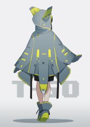 Rule 34 | 1girl, absurdres, back, boots, character name, cloak, commentary request, fami (yellow skies), full body, gradient background, highres, hood, hood up, hooded cloak, mittens, pak fa, solo, standing