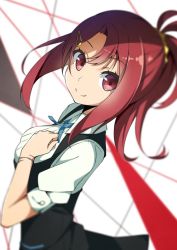 Rule 34 | 10s, 1girl, black skirt, blouse, blurry, breasts, closed mouth, corset, depth of field, dutch angle, hair ornament, hair scrunchie, hairclip, kiznaiver, looking at viewer, looking back, medium breasts, ponytail, puffy short sleeves, puffy sleeves, red eyes, red hair, scrunchie, shirt, short sleeves, skirt, smile, solo, taiyaki (astre), takashiro chidori, white shirt