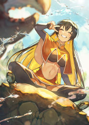 Rule 34 | 1girl, animal, black hair, black shirt, black thighhighs, blonde hair, blue sky, blurry, blurry foreground, breasts, capelet, closed eyes, cloud, commentary request, commission, crab, crop top, day, dutch angle, earrings, full body, grin, hair between eyes, hand up, heart, heart earrings, hide (hideout), highres, indian style, jewelry, long hair, long sleeves, medium breasts, midriff, monero-chan, multicolored hair, navel, orange capelet, orange footwear, orange skirt, original, oversized animal, shirt, shoes, sidelocks, sitting, sitting on animal, skeb commission, skirt, sky, smile, teeth, thighhighs, two-tone hair, v, water drop