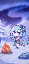 Rule 34 | 1girl, :o, absurdres, bag, bare shoulders, birthday, blue hair, chinese commentary, earrings, eta, fire, full body, gloves, griseo, griseo (cosmic expression), highres, holding, holding pencil, holding weapon, honkai (series), honkai impact 3rd, jewelry, long hair, looking up, night, night sky, official art, official wallpaper, open mouth, outdoors, pencil, purple eyes, sky, snow, solo, standing, weapon, white gloves, winter