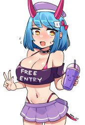 Rule 34 | 1girl, bare shoulders, beret, bikini, bikini under clothes, blue hair, blush, bow, breasts, brown eyes, cleavage, collar, cowboy shot, crop top, drink, embarrassed, english text, fake horns, fake tail, gradient hair, groin, hair bow, hair ornament, hairclip, hat, highleg, highleg bikini, highres, holding, holding drink, horns, ii (peps art), jitome, large breasts, looking to the side, medium hair, midriff, miniskirt, multicolored hair, navel, navel piercing, nervous smile, nose blush, off-shoulder shirt, off shoulder, oni horns, open mouth, original, peps art, piercing, pleated skirt, purple shirt, purple skirt, red bikini, red nails, shirt, simple background, skirt, smile, solo, spiked collar, spikes, swept bangs, swimsuit, tail, twitter username, w