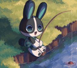 Rule 34 | 1girl, :d, animal crossing, blue eyes, rabbit, dotty (animal crossing), fishing, fishing rod, fouinar, grass, highres, nintendo, open mouth, outdoors, shadow, sitting, smile, solo, water