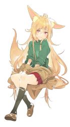 Rule 34 | 1girl, animal ears, bad id, bad pixiv id, black socks, blonde hair, brown footwear, brown jacket, closed mouth, commentary request, copyright request, ear down, fox ears, fox girl, fox tail, green sweater, hair between eyes, invisible chair, jacket, koyoi mitsuki, long hair, looking at viewer, off shoulder, pink eyes, pleated skirt, red skirt, shoes, simple background, sitting, skirt, smile, socks, solo, sweater, tail, white background