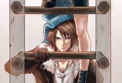 Rule 34 | 1boy, 1girl, black jacket, black shorts, blue dress, blue eyes, boots, brown hair, chain necklace, climbing ladder, dress, final fantasy, final fantasy viii, fur collar, gloves, grey background, hair between eyes, highres, igusaharu, jacket, jewelry, ladder, leather, leather jacket, leg up, legs, lower body, necklace, parted bangs, rinoa heartilly, scar, scar on face, shirt, shorts, squall leonhart, square enix, upper body, upskirt, view between legs, white shirt
