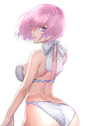 1girl absurdres bikini bikini_day breasts commentary fate/grand_order fate_(series) from_behind hair_over_one_eye hashtag-only_commentary highres looking_back mash_kyrielight parted_lips pink_hair polka_dot polka_dot_bikini purple_eyes ri-ko simple_background solo swimsuit white_background white_bikini