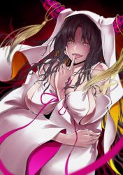Rule 34 | 10s, 1girl, :d, akagane u, bare shoulders, black hair, breasts, cleavage, detached sleeves, facial mark, fate/extra, fate/extra ccc, fate (series), licking finger, forehead mark, horns, large breasts, licking, long hair, long sleeves, looking at viewer, naughty face, open mouth, sessyoin kiara, sideboob, smile, solo, tongue, tongue out, upper body, veil, very long hair, wide sleeves, yellow eyes