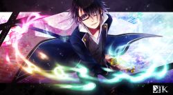 Rule 34 | 10s, 1boy, black-framed eyewear, black hair, copyright name, dress shirt, fushimi saruhiko, grey shirt, hair over one eye, holding, holding sword, holding weapon, k-project, looking at viewer, male focus, parted lips, sheath, shirt, solo, standing, sword, unsheathing, weapon
