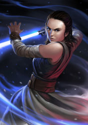 Rule 34 | 1girl, brown eyes, brown hair, detached sleeves, energy sword, fighting stance, highres, holding, holding weapon, lightsaber, lips, nose, okita, realistic, rey (star wars), sash, serious, solo, star wars, star wars: the force awakens, star wars: the last jedi, sword, weapon