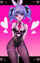 Rule 34 | 1girl, :d, animal ears, armlet, arms behind back, black bow, black leotard, black pantyhose, blue eyes, blue hair, blush, bow, breasts, clothing cutout, contrapposto, cowboy shot, detached collar, fake animal ears, hair bow, hair ornament, hairband, hatsune miku, heart, highleg, highleg leotard, highres, large breasts, legs apart, leotard, letterboxed, long bangs, long hair, looking at viewer, mizah (mizah), open mouth, outside border, pantyhose, playboy bunny, pole, pure pure (rabbit hole), rabbit ears, rabbit hole (vocaloid), sidelocks, skindentation, smile, solo, stomach cutout, stripper pole, teardrop facial mark, teeth, thighlet, twintails, upper teeth only, vocaloid, white hairband, x hair ornament