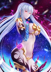 Rule 34 | 1girl, absurdres, armlet, armor, bikini armor, black hole, black thighhighs, blue gloves, blush, breasts, closed mouth, cowboy shot, earrings, elbow gloves, electricity, fate/grand order, fate (series), flower, from side, frown, gloves, hair between eyes, hair ribbon, hands on own chest, highres, jewelry, kama (fate), kama (third ascension) (fate), large breasts, long hair, looking at viewer, looking to the side, navel, nose blush, penguintake, petals, pink eyes, pink flower, pink ribbon, ribbon, shoulder armor, silver hair, solo, space, sparkle, stomach, thighhighs, thighlet, very long hair