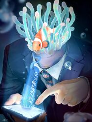 Rule 34 | 1boy, absurdres, animal print, blurry, blurry background, bubble, cellphone, clownfish, collar, commentary request, coral, dark background, fish, fish print, formal, glowing, headless, highres, holding, holding phone, leaning forward, light particles, long sleeves, male focus, necktie, original, phone, pointing, salaryman, screen light, shirt, smartphone, solo, speech bubble, splashing, striped suit, suit, surreal, through medium, through screen, translated, underwater, upper body, utsusemi rari, white collar, white shirt