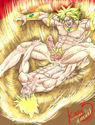 Rule 34 | 2boys, abs, anal, blonde hair, broly (dragon ball z), cock ring, dragon ball, dragonball z, jewelry, lying, male focus, male penetrated, multiple boys, muscular, on back, pectorals, penis, sex toy, son goku, sweat, uncensored, yaoi