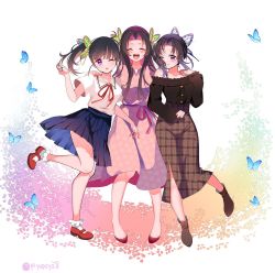 Rule 34 | 3girls, ^ ^, alternate costume, bare legs, black hair, blue butterfly, blue skirt, blush, boots, breasts, brown footwear, bug, butterfly, butterfly hair ornament, cherry blossoms, closed eyes, contemporary, dress, floral print, gradient hair, hair ornament, hug, insect, kimetsu no yaiba, kochou kanae, kochou shinobu, long hair, long sleeves, looking at another, looking at viewer, medium breasts, multicolored hair, multiple girls, neck ribbon, off-shoulder shirt, off shoulder, one eye closed, open mouth, parted bangs, petals, pink dress, pink hair, piyopoyo, plaid, plaid skirt, pleated skirt, purple eyes, purple hair, red footwear, red neckwear, ribbon, sailor collar, shirt, shoes, short hair, short sleeves, siblings, side ponytail, sisters, skirt, smile, socks, thighs, tsuyuri kanao, twitter username, two-tone hair, white background, white shirt