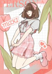 Rule 34 | 1girl, brown eyes, brown hair, casual, character name, flower, frilled socks, frills, hair ribbon, heart, highres, interlocked fingers, konbanha06, looking at viewer, mary janes, neck ribbon, persona, persona 1, pink footwear, pink ribbon, pink skirt, pink theme, plaid, plaid skirt, platform footwear, pleated skirt, puffy short sleeves, puffy sleeves, ribbon, sailor collar, shirt, shirt tucked in, shoes, short hair, short sleeves, skirt, socks, solo, sonomura maki, suspender skirt, suspenders, tulip, voptr, white sailor collar, white shirt, white socks