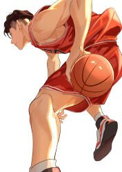 Rule 34 | 1boy, back, ball, basketball (object), basketball jersey, basketball uniform, brown eyes, brown hair, ear piercing, from below, gwillarmy, highres, holding, holding ball, looking ahead, male focus, miyagi ryouta, parted lips, piercing, red shorts, red tank top, shoes, short hair, shorts, simple background, slam dunk (series), sneakers, socks, solo, sportswear, standing, tank top, undercut, white background, white socks