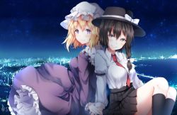 Rule 34 | 2girls, back-to-back, between breasts, black skirt, black socks, blonde hair, blush, bow, breasts, brown eyes, brown hair, city lights, closed mouth, collared shirt, dress, fedora, feet out of frame, frilled dress, frilled sleeves, frills, hair bow, hat, hat bow, highres, holding hands, kneehighs, long hair, long sleeves, looking at viewer, maribel hearn, medium breasts, medium skirt, mob cap, multiple girls, necktie, necktie between breasts, night, night sky, outdoors, pleated skirt, puffy long sleeves, puffy sleeves, purple dress, purple eyes, red neckwear, shiromoru (yozakura rety), shirt, sitting, skirt, sky, smile, socks, tareme, touhou, usami renko, white bow, white shirt, wing collar