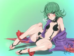 Rule 34 | 1girl, :&lt;, absurdres, alternate costume, arm support, artist name, bare shoulders, barefoot, barefoot sandals (jewelry), blush, breasts, closed mouth, collarbone, cosplay, curly hair, fate/grand order, fate (series), feet, female focus, flipped hair, full body, gradient background, green background, green eyes, green hair, grin, highres, japanese clothes, kimono, long hair, looking at viewer, matching hair/eyes, meteorreb0rn, navel, on ground, one-punch man, open clothes, open kimono, purple kimono, revealing clothes, ribbon, shiny skin, short hair, shuten douji (fate), shuten douji (fate) (cosplay), signature, sitting, small breasts, smile, solo, spread legs, tatsumaki, thighs, toeless footwear, toes, voice actor connection, yuuki aoi