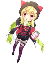 Rule 34 | 1girl, :o, absurdres, animal ear hood, animal ears, black footwear, black shorts, blonde hair, blush, breath, can, cat ears, detached sleeves, fake animal ears, foreshortening, fringe trim, full body, furrowed brow, green scarf, hair ornament, hand up, heart o-ring, highres, holding, holding can, hood, hood up, kin-iro loveriche, looking at viewer, mary janes, medium hair, moribe (rabumanyo), o-ring, o-ring thigh strap, official art, open mouth, outstretched arm, purple thighhighs, reaching, reaching towards viewer, red eyes, red sleeves, scarf, shirt, shoes, shorts, shy, sidelocks, simple background, sleeves past wrists, snowing, solo, souma ria, striped clothes, striped shirt, suspender shorts, suspenders, swept bangs, thigh strap, thighhighs, upturned eyes, white background, x hair ornament, zettai ryouiki
