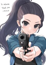 Rule 34 | 1girl, aiming, aiming at viewer, artist name, black eyes, black hair, black shirt, blue shirt, closed mouth, collared shirt, commentary, commission, english commentary, etoria, expressionless, fingernails, gun, handgun, hands up, high ponytail, holding, holding gun, holding weapon, jpeg artifacts, light blush, long hair, looking at viewer, original, ponytail, shirt, short sleeves, simple background, skeb commission, solo, thank you, undershirt, upper body, weapon, white background