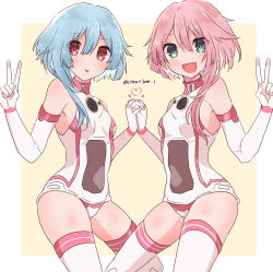 Rule 34 | 2girls, absurdres, bare shoulders, blue eyes, blue hair, blush, elbow gloves, gloves, haruna (citrus love i), heart, highres, long hair, looking at viewer, multiple girls, neptune (series), open mouth, pink hair, power symbol, power symbol-shaped pupils, siblings, sisters, smile, symbol-shaped pupils, twins, twitter username, white sister ram, white sister rom