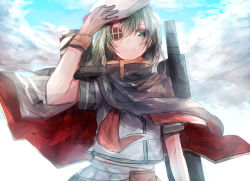 Rule 34 | 10s, 1girl, cape, cloud, eyepatch, hat, holding, holding hat, kantai collection, kiso (kancolle), kosugi nozomu, personification, smile, solo