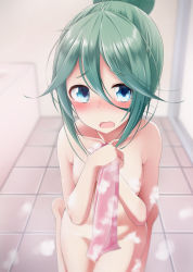 Rule 34 | 10s, 1girl, bathroom, blue eyes, blurry, blush, breasts, convenient censoring, depth of field, green hair, hair between eyes, hair ornament, hair ribbon, hairclip, kantai collection, long hair, looking at viewer, nekobaka, nude, open mouth, ponytail, ribbon, small breasts, solo, steam, steam censor, yamakaze (kancolle)