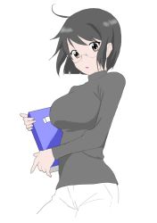 Rule 34 | 10s, 1girl, black hair, blush, book, breasts, brown eyes, glasses, large breasts, looking at viewer, open mouth, servant x service, short hair, simple background, solo, suzune (smiley25), sweater, yamagami lucy