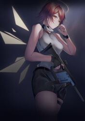 Rule 34 | 1girl, absurdres, arknights, bare arms, bare shoulders, black gloves, black shorts, breasts, cowboy shot, dark background, detached wings, energy wings, exusiai (arknights), exusiai (midnight delivery) (arknights), fingerless gloves, gloves, gradient background, gun, halo, highres, holding, holding gun, holding weapon, medium breasts, official alternate costume, parted lips, r oot, red eyes, red hair, shirt, shorts, single glove, sleeveless, sleeveless shirt, smile, solo, suppressor, sweatband, thigh strap, weapon, white shirt, wings