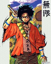 Rule 34 | 1boy, artist name, black hair, cloud, commentary, commission, cowboy shot, earrings, english commentary, facial hair, flower, goatee, highres, holding, holding sword, holding weapon, jewelry, light smile, male focus, mugen (samurai champloo), mustache, samurai champloo, short hair, sky, solo, sunflower, sword, that one panda, weapon