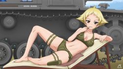 Rule 34 | 1girl, absurdres, bikini, blonde hair, blush, breasts, brown eyes, cameltoe, cleavage, collarbone, dated, erwin (girls und panzer), eyebrows hidden by hair, girls und panzer, green bikini, green shorts, highres, large breasts, looking at viewer, lying, micro shorts, military, military vehicle, motor vehicle, navel, on side, outdoors, shiny skin, short hair, shorts, sky, smile, solo, swimsuit, tank
