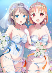 Rule 34 | 2girls, :d, ahoge, blue bow, blue eyes, blue flower, blue panties, blue rose, blue thighhighs, blush, bouquet, bow, breasts, bridal veil, brown hair, bustier, cleavage, collarbone, commentary request, flower, glint, gloves, groin, hand up, highleg, highleg panties, highres, holding, holding bouquet, jewelry, locked arms, love live!, love live! sunshine!!, medium breasts, morerin, multi-strapped panties, multiple girls, navel, necklace, open mouth, panties, pink bow, pink flower, pink rose, red eyes, rose, see-through, smile, strapless, takami chika, thighhighs, tiara, underwear, underwear only, veil, watanabe you, white flower, white gloves, white rose