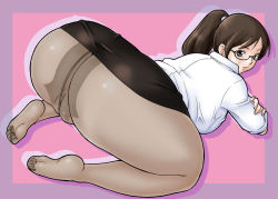 Rule 34 | 1girl, ass, breasts, brown eyes, brown hair, censored, crotch seam, feet, glasses, holon, large breasts, pantyhose, pencil skirt, pussy, real drive, skirt, sleeves rolled up, solo, uraharukon