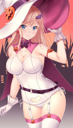 Rule 34 | 1girl, adjusting clothes, adjusting headwear, bat hair ornament, belt, black belt, blonde hair, blue eyes, breasts, cape, cleavage, closed mouth, clothing cutout, commentary, cowboy shot, garter straps, gloves, hair ornament, halloween, hat, hataraki kuma, heart cutout, highres, jack-o&#039;-lantern ornament, large breasts, leotard, looking at viewer, night, night sky, one-piece swimsuit, original, outdoors, purple cape, purple hat, red sky, side-tie leotard, sky, smile, solo, standing, star (sky), starry sky, swimsuit, thighhighs, two-sided fabric, two-sided headwear, white gloves, white hat, white leotard, white one-piece swimsuit, white thighhighs, witch hat