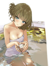 Rule 34 | 1girl, blue eyes, blush, breasts, cleavage, closed mouth, collarbone, commentary request, green eyes, hamedoragon, heterochromia, idolmaster, idolmaster cinderella girls, looking at viewer, medium breasts, mole, mole under eye, naked towel, onsen, revision, simple background, smile, solo, takagaki kaede, towel, water, water drop, wet, white background