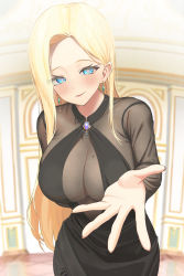 Rule 34 | 1girl, arm behind back, black dress, blonde hair, blue eyes, breasts, brooch, closed mouth, commission, cowboy shot, criss-cross halter, dress, earrings, forehead, gem, hair behind ear, halterneck, heart, heart-shaped pupils, highres, jewelry, large breasts, leaning forward, long hair, long sleeves, looking at viewer, mole, mole on breast, necklace, original, outstretched hand, parted bangs, parted lips, see-through, sidelocks, smile, solo, symbol-shaped pupils, twin (tt lsh)
