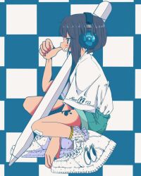 Rule 34 | 1girl, apple pencil, aqua shorts, arm between legs, artist name, bandaid, bandaid on cheek, bandaid on face, bandaid on knee, bandaid on leg, between legs, black hair, blue background, checkered background, clothes writing, from side, full body, hand up, headphones, heel up, highres, leg tattoo, medium hair, nao97122, original, oversized object, profile, shirt, shirt tucked in, shoes, short sleeves, shorts, sidelocks, sneakers, socks, solo, squatting, stylus, t-shirt, tattoo, thumb to mouth, white footwear, white shirt, white socks