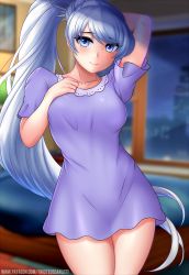 Rule 34 | 1girl, arm up, artist name, blue dress, blue eyes, blush, breasts, closed mouth, cowboy shot, dress, highres, indoors, long hair, looking at viewer, medium breasts, pajamas, patreon username, rwby, scar, scar across eye, scar on face, side ponytail, solo, standing, twistedscarlett60, very long hair, weiss schnee, white hair