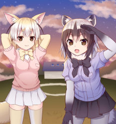 Rule 34 | 10s, 2girls, :d, animal ears, arms behind head, black eyes, blonde hair, commentary request, common raccoon (kemono friends), fennec (kemono friends), fox ears, fox tail, gradient hair, kemono friends, long hair, looking at viewer, multicolored hair, multiple girls, open mouth, pantyhose, pleated skirt, raccoon ears, raccoon tail, short hair, silver hair, skirt, smile, tail, thighhighs, tukino neru, zettai ryouiki