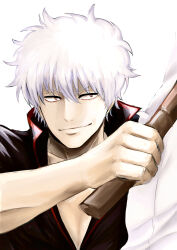 Rule 34 | 1boy, absurdres, black shirt, closed mouth, collarbone, collared shirt, commentary, gintama, grin, hair between eyes, hand up, highres, holding, holding sword, holding weapon, japanese clothes, kimono, looking to the side, male focus, muu started drawing, oekaki, popped collar, red eyes, sakata gintoki, shirt, smile, solo, sword, upper body, weapon, white background, white hair, white kimono, wooden sword