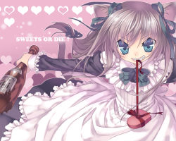 Rule 34 | 1girl, animal ears, blue eyes, bottle, bow, box, broken bottle, brown hair, candy, cat ears, cat tail, chocolate, chocolate heart, dress, fang, food, frills, grin, hair bow, hair ribbon, heart, heart-shaped box, long hair, low-tied long hair, mitake eil, mouth hold, original, ribbon, smile, solo, tail, teeth, valentine