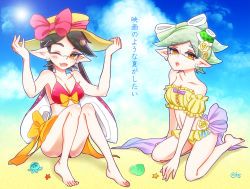 Rule 34 | + +, 2girls, adjusting clothes, adjusting headwear, armband, bare shoulders, barefoot, bikini, black hair, bow, bow bikini, breasts, brown eyes, brown hat, callie (splatoon), clam shell, cloud, cloudy sky, collarbone, cousins, day, earrings, fang, flower, gradient hair, green hair, grey hair, hair flower, hair ornament, half-closed eyes, hanano sumire (artist), hat, hat bow, inkling, jewelry, large bow, lens flare, long hair, looking at viewer, marie (splatoon), medium breasts, mole, mole under eye, multicolored hair, multiple girls, nintendo, one eye closed, open mouth, outdoors, pointy ears, purple bow, purple hair, red bikini, sitting, sky, smile, splatoon (series), splatoon 1, star (symbol), strapless, strapless bikini, sun hat, swimsuit, tentacle hair, translation request, twitter username, white bikini, yellow bow